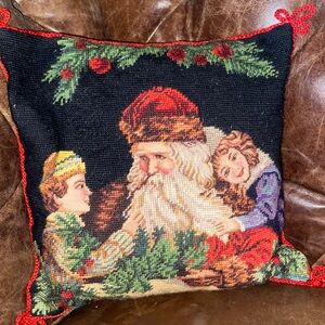 Handmade needlepoint Santa and Children pillow Christmas